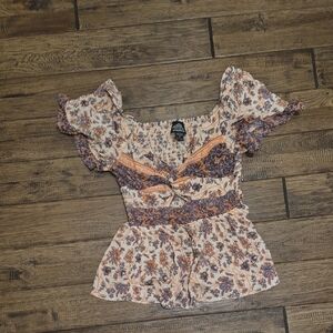 Angie Cream and Purple Floral Blouse